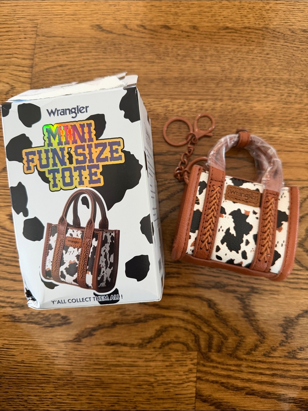 Wrangler Mini Tote Keychain - Brown, White & Black Cow Pattern
